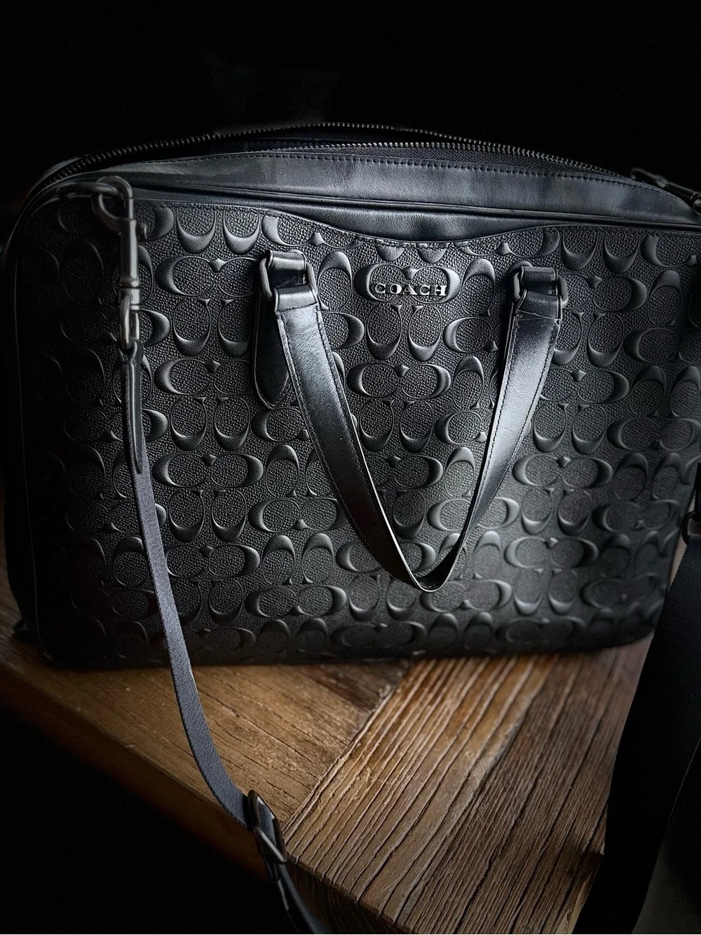 Coach Black Embossed Signature Leather Satchel